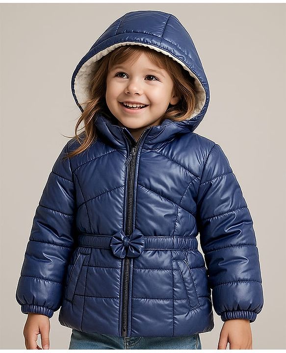 Babyhug Woven Full Sleeves Padded Hooded Jacket with Solid Colour & Floral Applique - Navy Blue