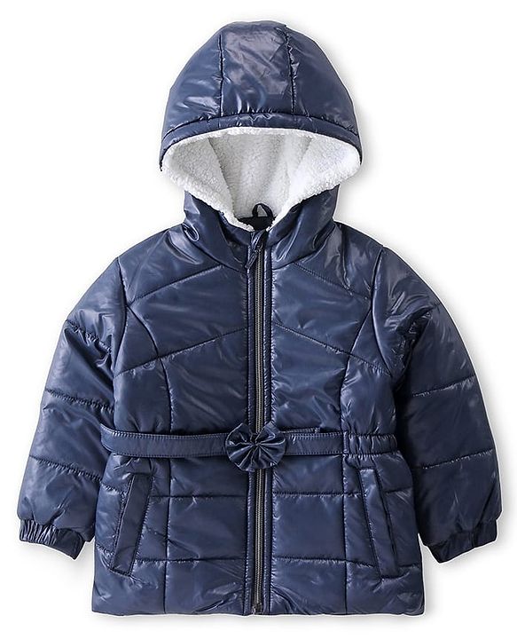 Babyhug Woven Full Sleeves Padded Hooded Jacket with Solid Colour & Floral Applique - Navy Blue
