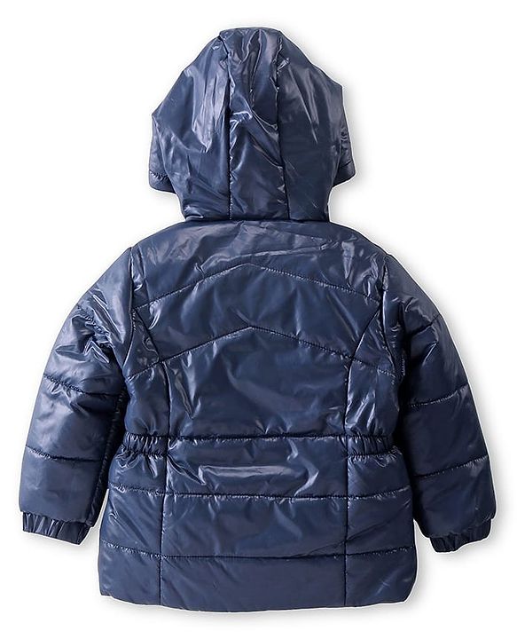 Babyhug Woven Full Sleeves Padded Hooded Jacket with Solid Colour & Floral Applique - Navy Blue