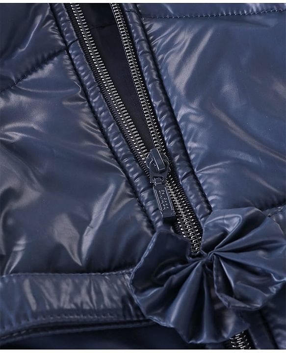 Babyhug Woven Full Sleeves Padded Hooded Jacket with Solid Colour & Floral Applique - Navy Blue