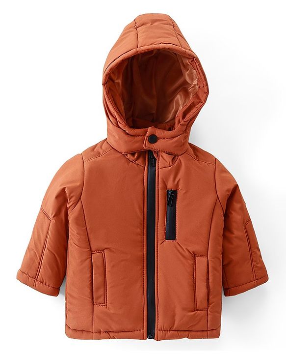 Babyhug Cotton Knit Full Sleeves Solid Colour Padded Hooded Winter Jacket with Pockets - Rust Orange