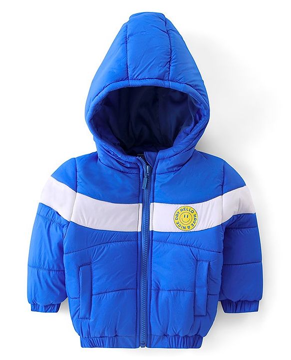 Babyhug Woven Full Sleeves Padded Hooded Jacket With Colour Block Design & Smiley Patch Detailing - Blue