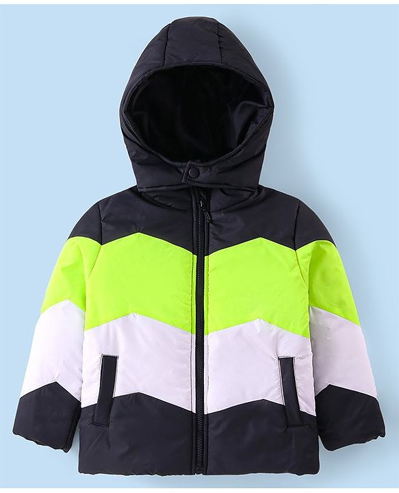 Babyhug Woven Full Sleeves Front Open Padded Hooded Jacket with Cut & Sew Design - Limegreen & Navy Blue