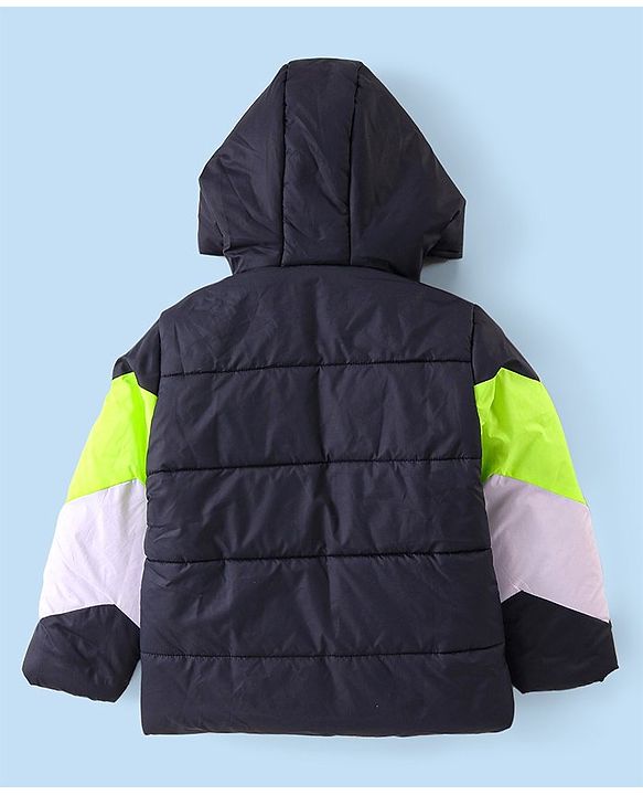 Babyhug Woven Full Sleeves Front Open Padded Hooded Jacket with Cut & Sew Design - Limegreen & Navy Blue