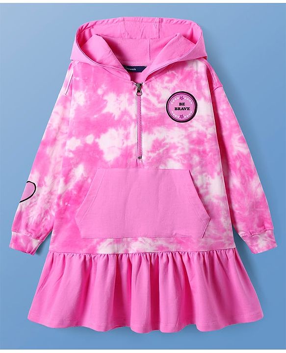 Pine Kids Cotton Knit Full Sleeves Hooded Winter Frock With Text Patch & Kangaroo Pockets - Dark Pink