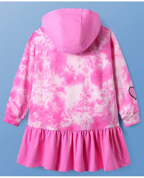 Pine Kids Cotton Knit Full Sleeves Hooded Winter Frock With Text Patch & Kangaroo Pockets - Dark Pink
