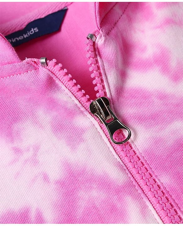 Pine Kids Cotton Knit Full Sleeves Hooded Winter Frock With Text Patch & Kangaroo Pockets - Dark Pink