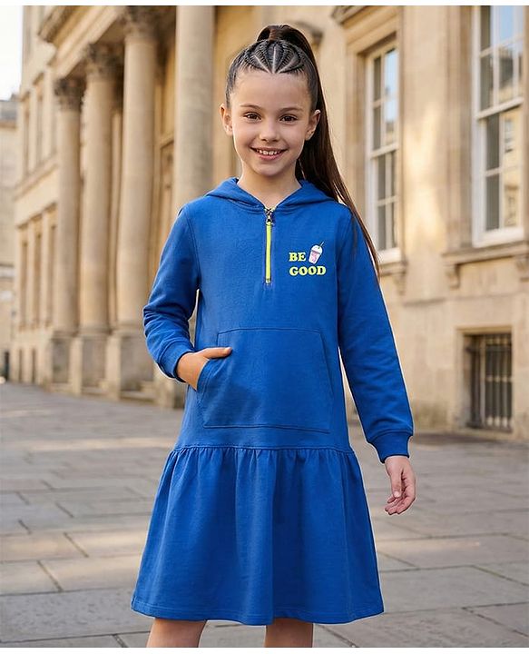 Pine Kids Cotton Knit Full Sleeves Hooded Sweatshirt Dress With Text Print & Kangaroo Pockets - Blue