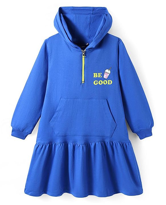 Pine Kids Cotton Knit Full Sleeves Hooded Sweatshirt Dress With Text Print & Kangaroo Pockets - Blue