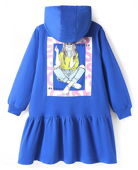 Pine Kids Cotton Knit Full Sleeves Hooded Sweatshirt Dress With Text Print & Kangaroo Pockets - Blue