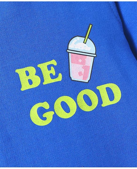Pine Kids Cotton Knit Full Sleeves Hooded Sweatshirt Dress With Text Print & Kangaroo Pockets - Blue