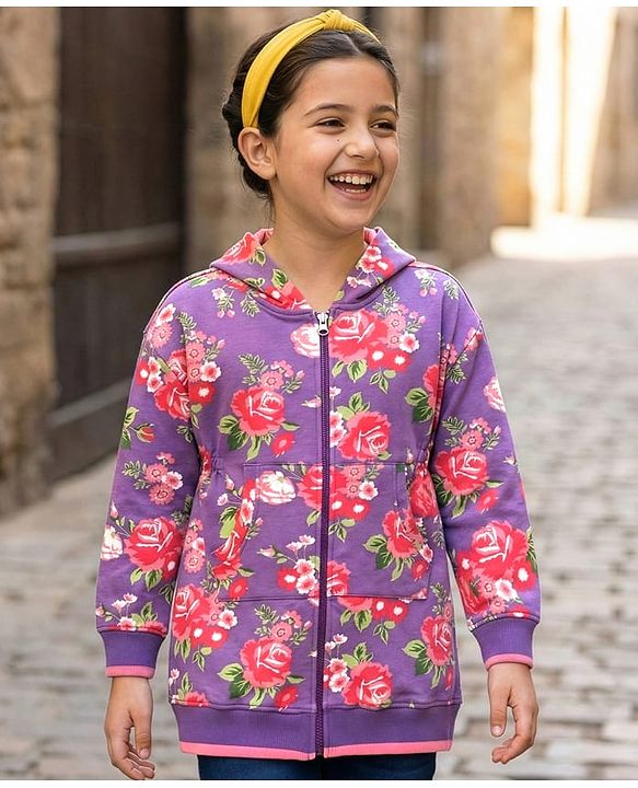 Pine Kids Cotton Knit Full Sleeves Floral Printed Hooded Front Open Sweatshirt Dress  with Kangaroo Pocket- Pink & Purple