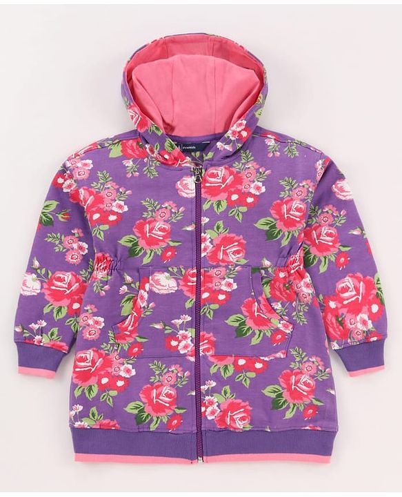 Pine Kids Cotton Knit Full Sleeves Floral Printed Hooded Front Open Sweatshirt Dress  with Kangaroo Pocket- Pink & Purple