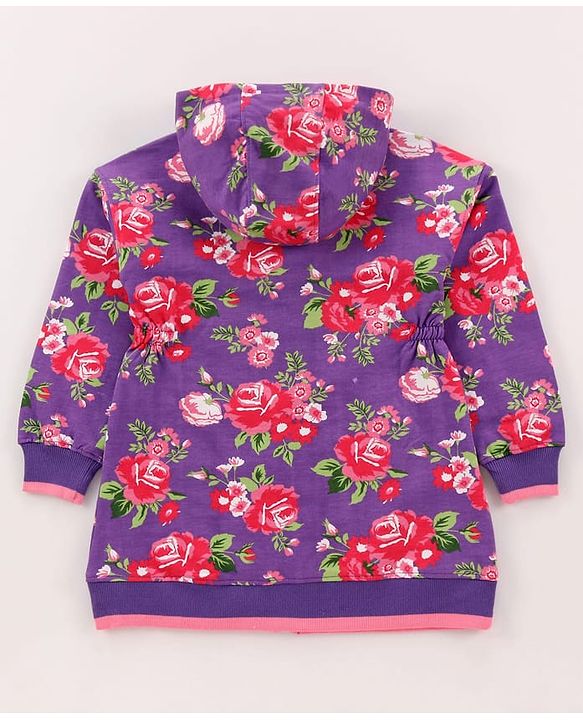 Pine Kids Cotton Knit Full Sleeves Floral Printed Hooded Front Open Sweatshirt Dress  with Kangaroo Pocket- Pink & Purple