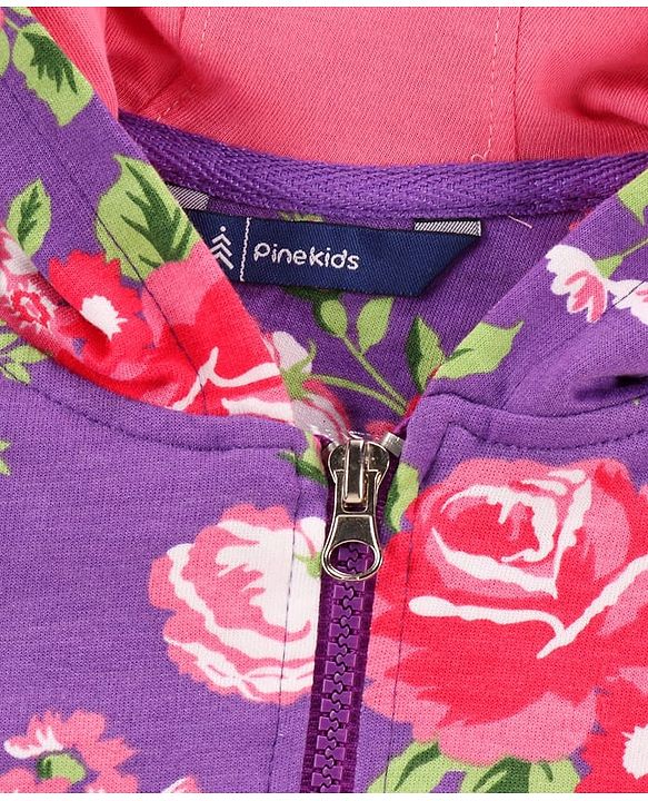 Pine Kids Cotton Knit Full Sleeves Floral Printed Hooded Front Open Sweatshirt Dress  with Kangaroo Pocket- Pink & Purple