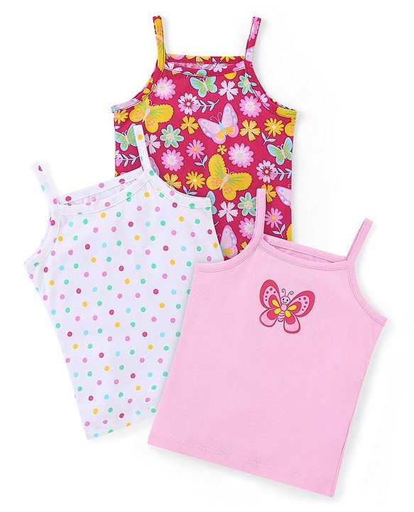 Babyhug 100% Cotton Sleeveless Slips Floral & Butterfly Print Pack of 3 - White & Pink