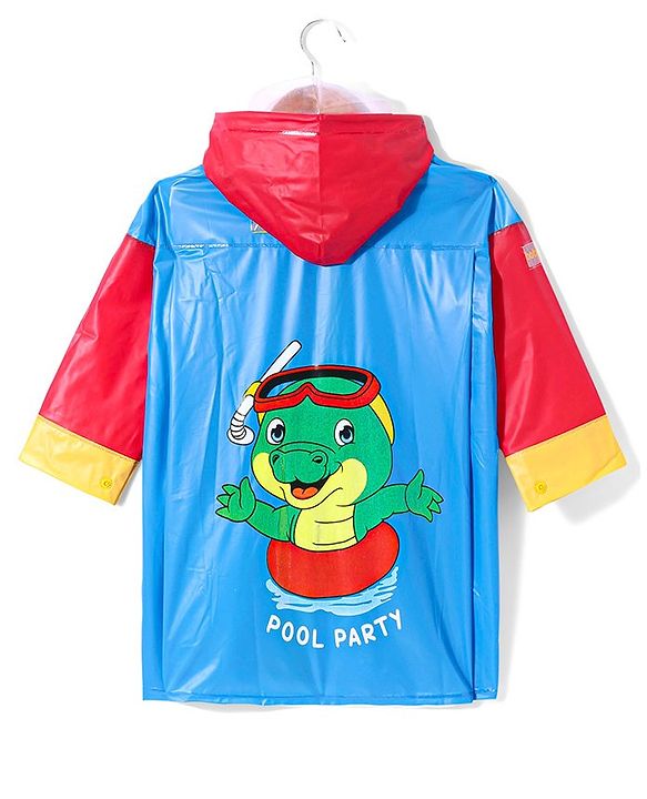 Babyhug Full Sleeves Below Knee Length Hooded Raincoat with Dino Print - Blue