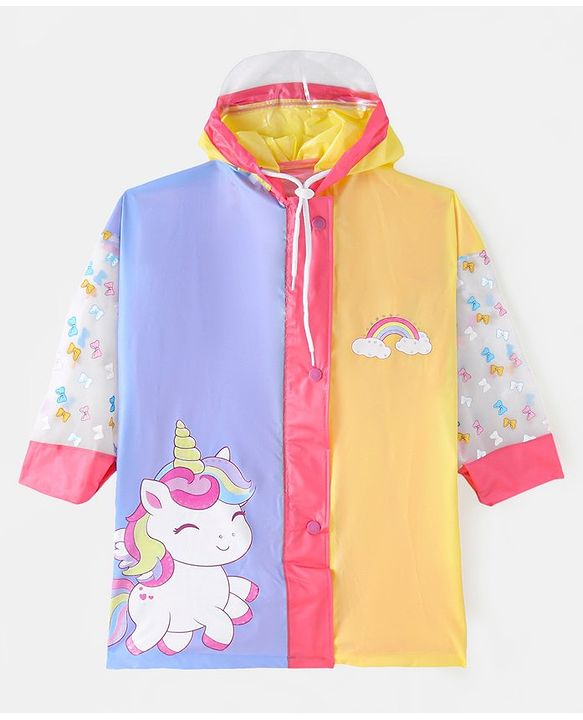 Babyhug Full Sleeves Below Knee Length Hooded Raincoat Unicorn Print - Lavender & Yellow