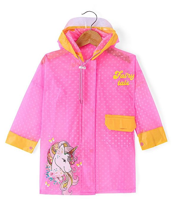 Babyhug Full Sleeves Below Knee Length Hooded Raincoat with Polka Dots & Unicorn Print - Pink