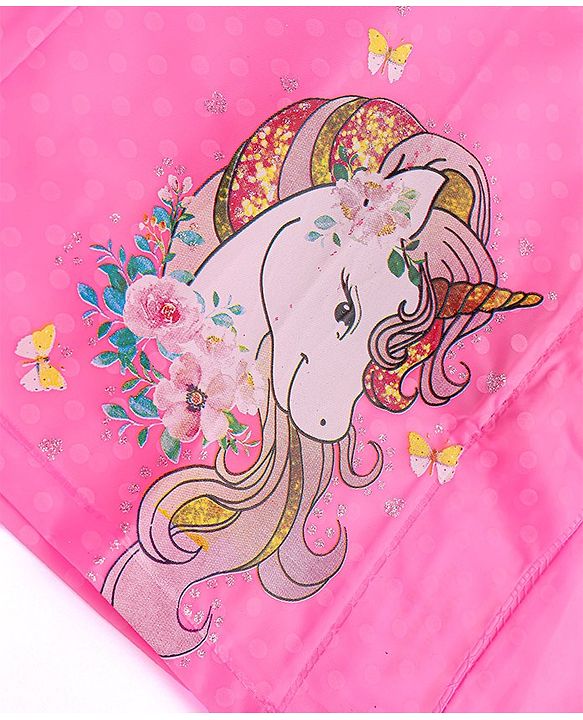 Babyhug Full Sleeves Below Knee Length Hooded Raincoat with Polka Dots & Unicorn Print - Pink