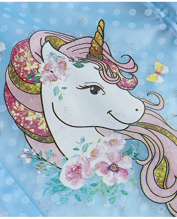Babyhug Full Sleeves Below Knee Length Hooded Raincoat with Unicorn Print - Sea Blue