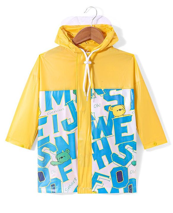 Babyhug Full Sleeves Below Knee Length Hooded Raincoat with Text Print - Yellow