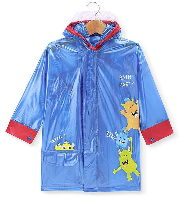 Babyhug Full Sleeves Below Knee Length Hooded Raincoat with Monster Print - Blue