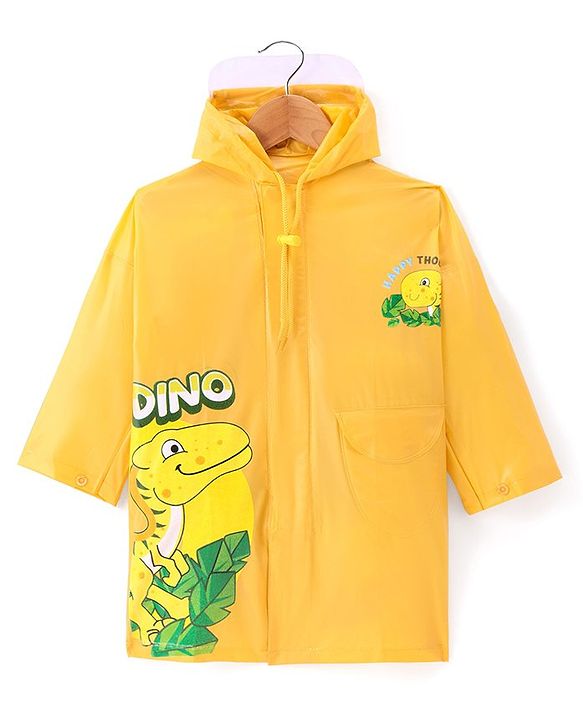 Babyhug Full Sleeves Hooded Below Knee Length Raincoat with Dino Print - Yellow