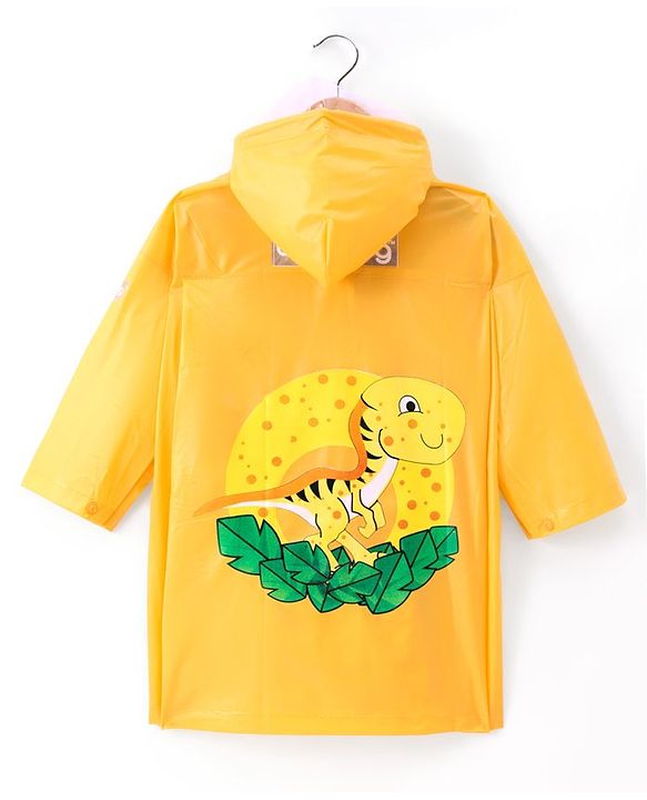 Babyhug Full Sleeves Hooded Below Knee Length Raincoat with Dino Print - Yellow