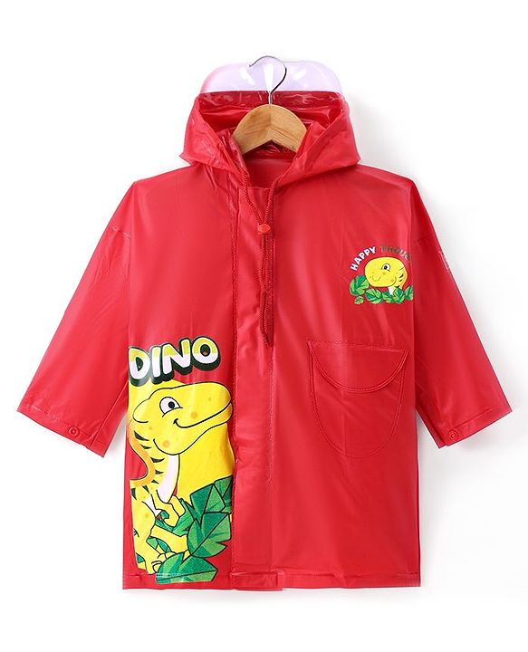 Babyhug Full Sleeves Below Knee Length Hooded Raincoat with Dino Print - Red