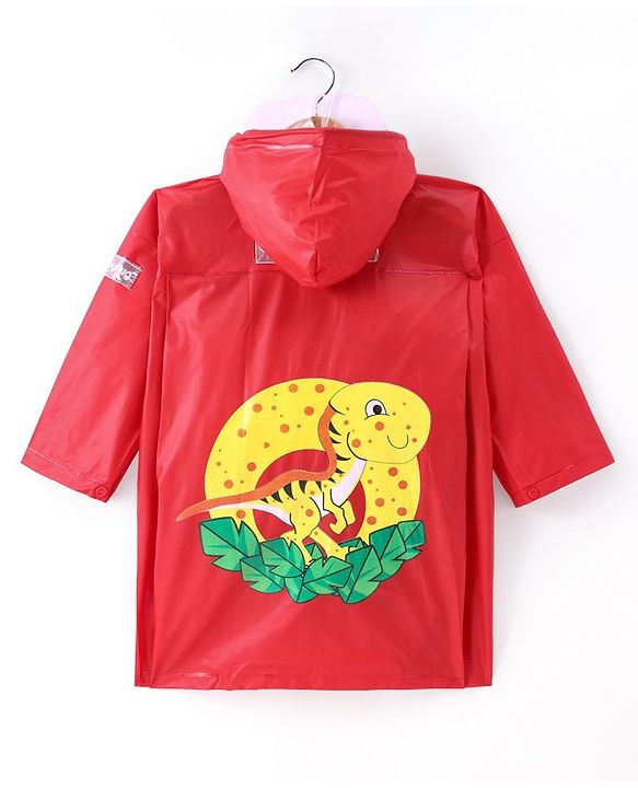 Babyhug Full Sleeves Below Knee Length Hooded Raincoat with Dino Print - Red