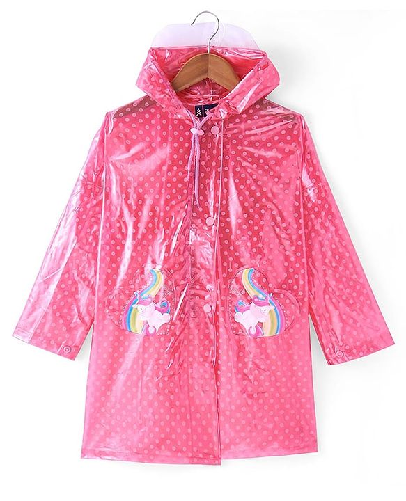 Pine Kids Full Sleeves Hooded Raincoat Polka Dots Print & Unicorn Patch Detailing - Pink