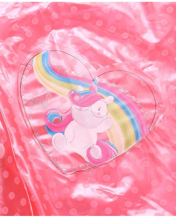 Pine Kids Full Sleeves Hooded Raincoat Polka Dots Print & Unicorn Patch Detailing - Pink