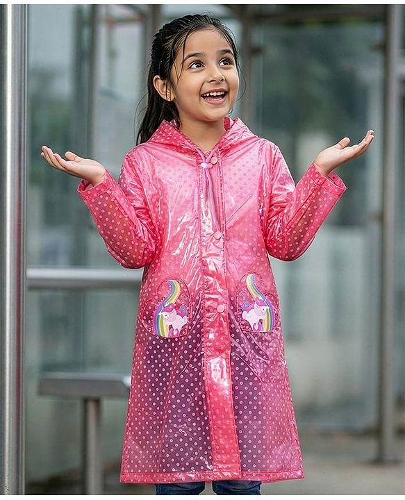 Pine Kids Full Sleeves Hooded Raincoat Polka Dots Print & Unicorn Patch Detailing - Pink