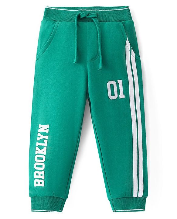 Babyhug French Terry Knit Full Length Lounge Pant with Text & Numeric Print -Green