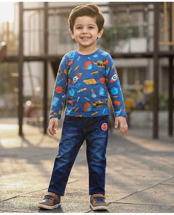 Babyhug Cotton Knit Full Sleeves T-Shirt & Denim Jeans Set With Back To School Theme Print - Blue