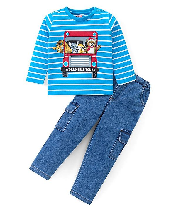 Babyhug Cotton Knit Full Sleeves Striped T-Shirt & Denim Pants Set With Animals Print - Sky Blue