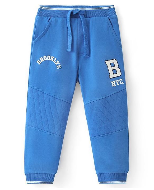 Babyhug French Terry Knit Full Length Lounge Pant With Text Print - Blue
