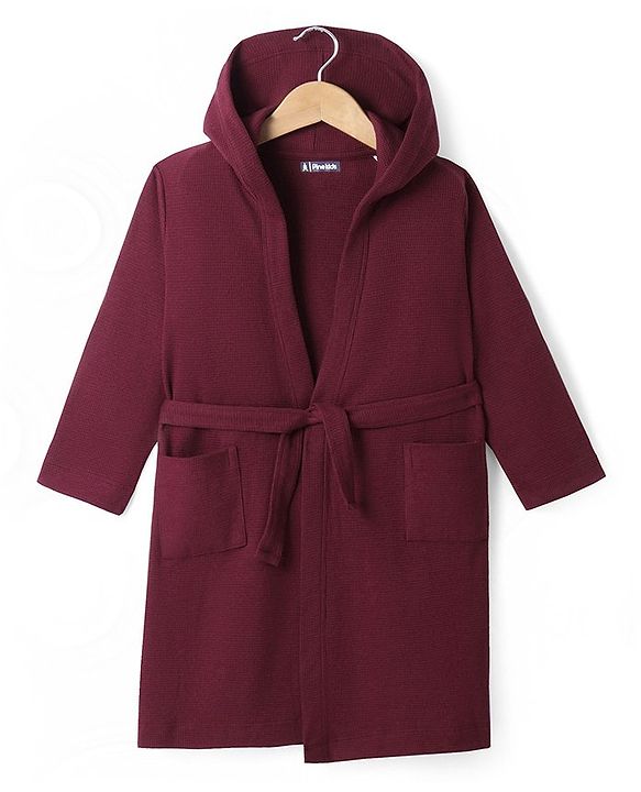 Pine Kids Knit Fill Sleeves Solid Colour Hooded Bath Robe with Pockets - Maroon