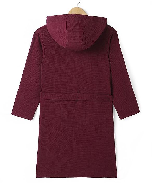 Pine Kids Knit Fill Sleeves Solid Colour Hooded Bath Robe with Pockets - Maroon