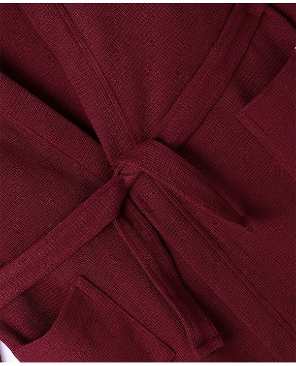 Pine Kids Knit Fill Sleeves Solid Colour Hooded Bath Robe with Pockets - Maroon