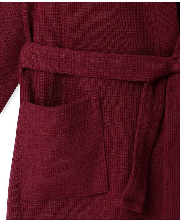 Pine Kids Knit Fill Sleeves Solid Colour Hooded Bath Robe with Pockets - Maroon
