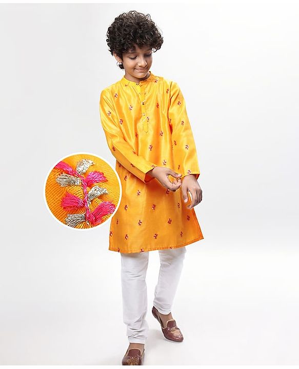 Pine Kids Woven Full Sleeves Embroidered Kurta Pyjama Set - Yellow