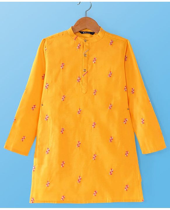 Pine Kids Woven Full Sleeves Embroidered Kurta Pyjama Set - Yellow