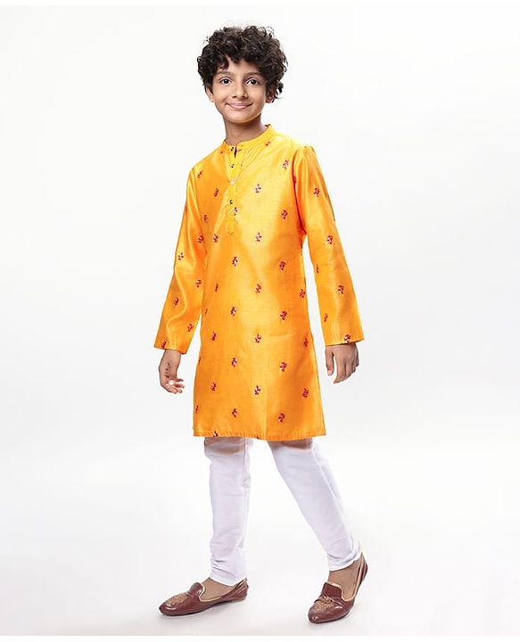 Pine Kids Woven Full Sleeves Embroidered Kurta Pyjama Set - Yellow