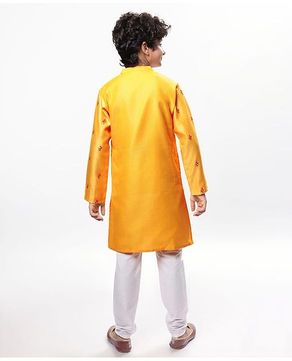 Pine Kids Woven Full Sleeves Embroidered Kurta Pyjama Set - Yellow