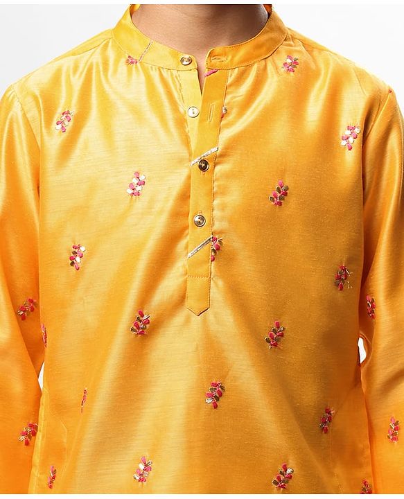 Pine Kids Woven Full Sleeves Embroidered Kurta Pyjama Set - Yellow
