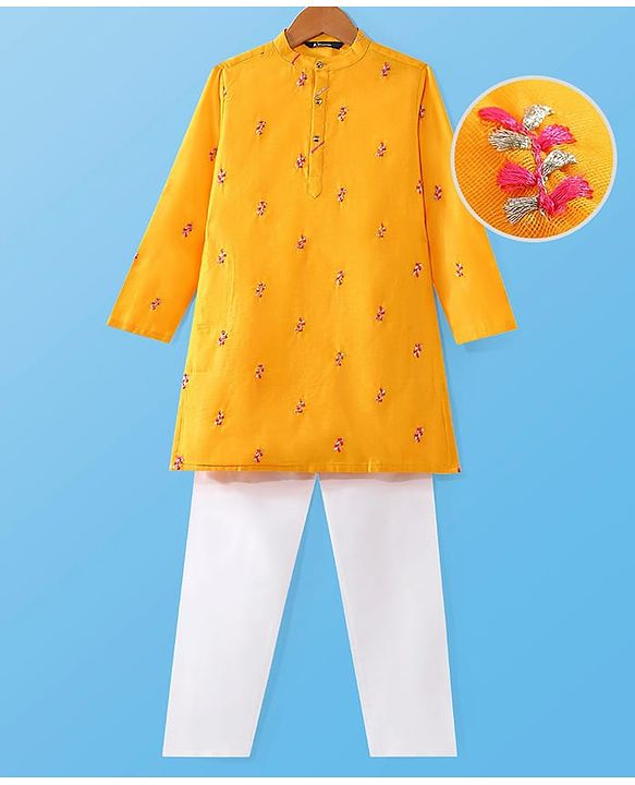 Pine Kids Woven Full Sleeves Embroidered Kurta Pyjama Set - Yellow