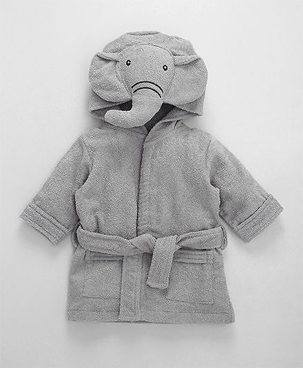 Babyhug Full Sleeves 3D Hooded Bathrobe Elephant Design - Light Grey - 4-5 YRS Grey