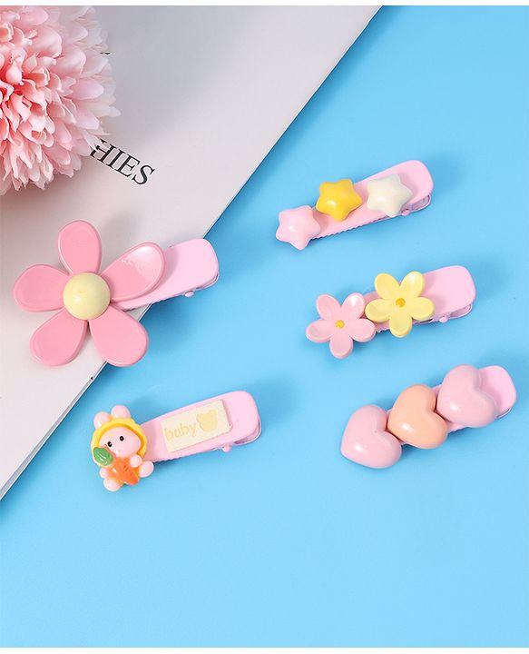 Babyhug Floral & Star Applique Hair Pins And Clips Pack of 5- Pink